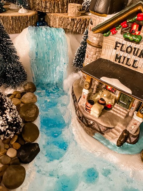 Christmas Village, waterfall feature Christmas Village Waterfall Diy, Christmas Village Ice Skating Pond Diy, Christmas Village Waterfall, Waterfall Diy, Diy Christmas Outfit, Diy Christmas Village Displays, Mini Village, Diy Waterfall, Black Christmas Decorations