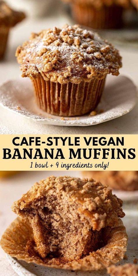 Fluffy vegan banana muffins with a crumb topping and gorgeous cafe-style high tops. They come together in one bowl and are easy to make! Banana Recipes Vegan, Vegan Breakfast Muffins, Vegan Banana Muffins, Vegan Baking Recipes, Easy Vegan Dessert, Vegan Muffins, Banana Bread Muffins, Vegan Cafe, Healthy Vegan Desserts