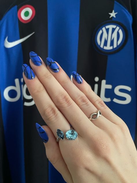 Black And Blue Nail Ideas, Nail 2025, Black And Blue Nails, Italy Nails, Football Nails, Inter Milan, Dope Nails, Blue Nails, Football Team