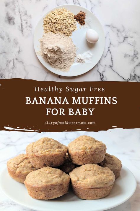 Healthy Sugar Free Banana Muffins for Baby - Diary of a Midwest Mom Banana Muffins For Babies, Blw Banana Muffins, Toddler Banana Muffins, Banana Muffins For Toddlers, No Sugar Banana Muffins, Banana Recipes For Toddlers, Banana Muffins For Baby, Baby Banana Muffins, Baby Banana Bread