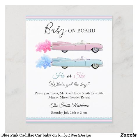 Car Gender Reveal, Cadillac Car, Gender Reveal Themes, Gender Reveal Party Invitations, Car Theme, Baby Shower Crafts, Pink Cadillac, Baby Gender Reveal Party, Baby On Board