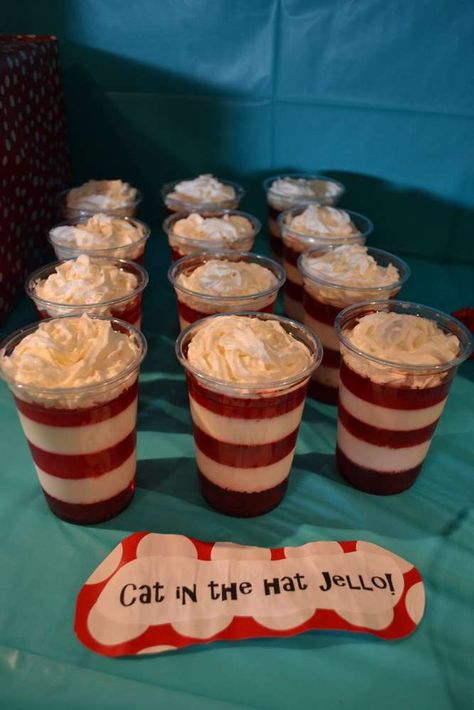 Dr Seuss Snacks, Cat In The Hat Birthday, Doctor Suess Birthday, Dr Seuss Party Ideas, Hat Birthday Party, Cat In The Hat Party, Blue Jello, Dr Seuss Birthday Party, Hat Birthday