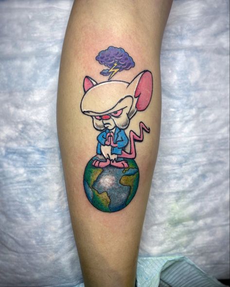 Pinky And The Brain Tattoo Design, Pink And The Brain Tattoo, Barney Tattoo, Tattoo Cartoon, Cartoon Brain, Penticton Bc, 90s Tattoos, Brain Tattoo, Cartoon Tattoo