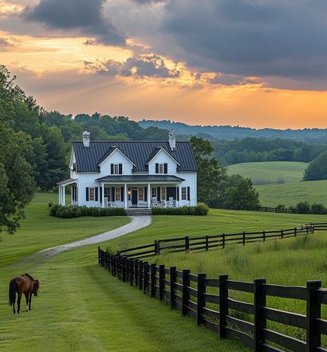 White Picket Fence House, Farmhouse Outside, House With Land, Different House Styles, Colonial Farmhouse, Farm Plans, Southern House, Dream Life House, Countryside House