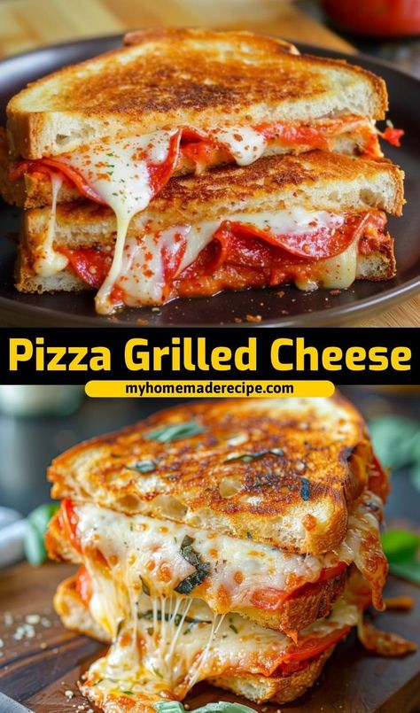 This Pizza Grilled Cheese is a fun twist on the classic sandwich! Packed with gooey cheese and pizza sauce, it’s an easy, cheesy meal that both kids and adults will love Pizza Grilled Cheese Recipes, Cheese Pizza Recipe, Grilled Cheese Recipe, Pizza Grilled Cheese, Cheese Sandwich Recipes, Classic Sandwich, Grilled Bread, Dinner Sandwiches, Grilled Cheese Recipes