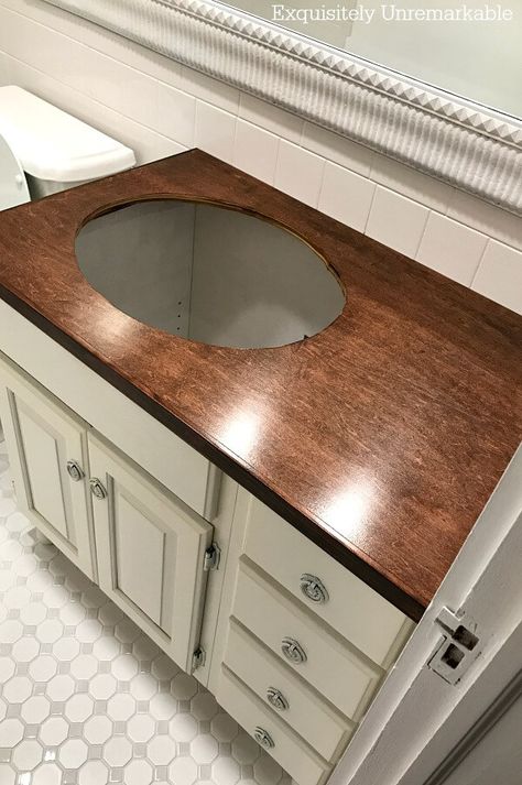 DIY Wooden Countertop From Maple Plywood Sheet Diy Wood Counters Kitchen, Diy Sink Countertop, Wood Top Vanity, Wood Countertop For Bathroom, Bathroom Countertop Diy, Diy Bathroom Vanity Top, Diy Countertops Bathroom, Tile Countertops Bathroom, Vanity Top Ideas