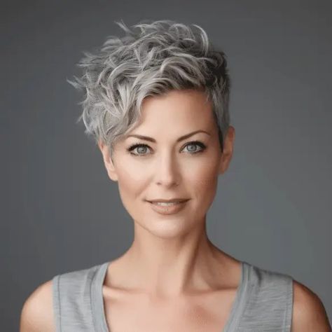 Short Wavy Haircuts, Curly Pixie Hairstyles, Curly Pixie Haircuts, Grey Curly Hair, Funky Hair, Funky Short Hair, Short Silver Hair, Short Curly Haircuts, Curly Pixie