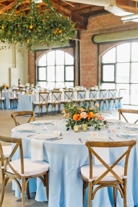 Erinn & Brendan's Dusty Blue & Orange Citrus-Inspired Wedding - Chicago Style Weddings Dusty Blue And Orange Wedding, August Wedding Colors, Blue Orange Weddings, Blue And Orange Wedding, Ice Blue Bridesmaid Dress, Orange Wedding Bouquet, Orange Weddings, Orange Wedding Themes, Baby Blue Weddings