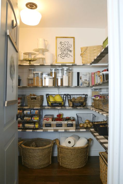 Pantry Makeover with Wallpaper Shelves - Nesting With Grace Small Kitchen Pantry, Open Pantry, Diy Pantry Organization, Nesting With Grace, Farmhouse Pantry, Organized Pantry, Pantry Room, Food Pantry Organizing, Wallpaper Shelves