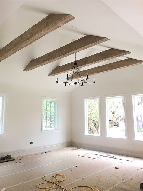 Faux Wood Beams: Heights House | Jenna Sue Design Blog Diy Vaulted Ceiling, Fake Beam, Ceiling Beams Living Room, Vaulted Ceiling Beams, Faux Ceiling Beams, Ceiling Remodel, Beams Living Room, Vaulted Ceiling Living Room, Faux Beams