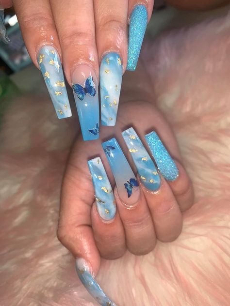 Gold Nail Designs, Long Acrylic Nail Designs, Blue Acrylic Nails, Ombre Acrylic Nails, Gold Nail, Her Nails, Simple Acrylic Nails, Glow Nails, Long Acrylic Nails Coffin