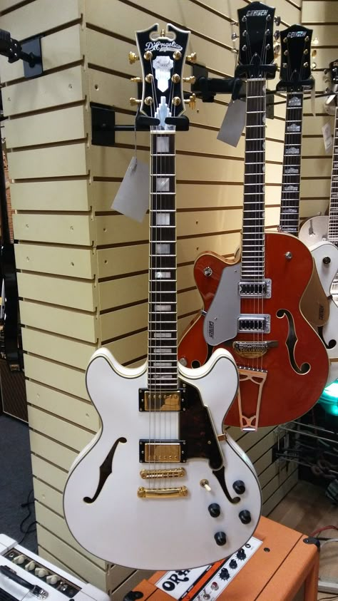 Would love to get our hands on this white D'angelico double cust semi-hollow body electric guitar, spotted at Corner Music in Nashville. #guitarporn #guitaracquisitionsyndrome #guitarlife #guitargear Hollow Body Electric Guitar, Semi Hollow Body Guitar, D’angelico Guitars, D'angelico Guitar, Semi Hollow Guitar, Hollowbody Guitar, Hollow Body Guitar, Dream Guitar, Guitar Kits