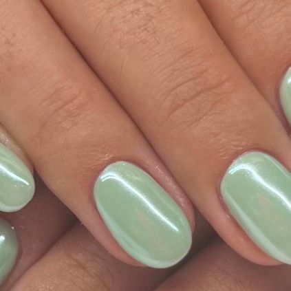 Pearl Green Nails, Mint Green Chrome Nails, Green Glazed Nails, Mint Chrome Nails, Sage Green Chrome Nails, Light Green Chrome Nails, Seafoam Green Nails, Nail Doodles, Nails Mint Green