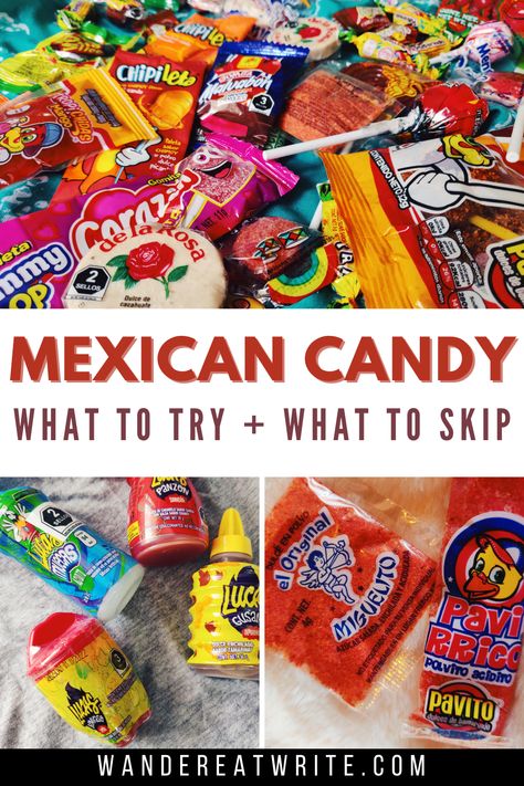 Text: Mexican Candy-- what to try and what to skip; photos of mexican candies Mexican Candy Charcuterie Board, Candy Chamoy, Mexico Candy, Mexican Candy Bar, Lucas Candy, Mexican Candies, Mexican Snacks, Popular Candy, Recipes Authentic