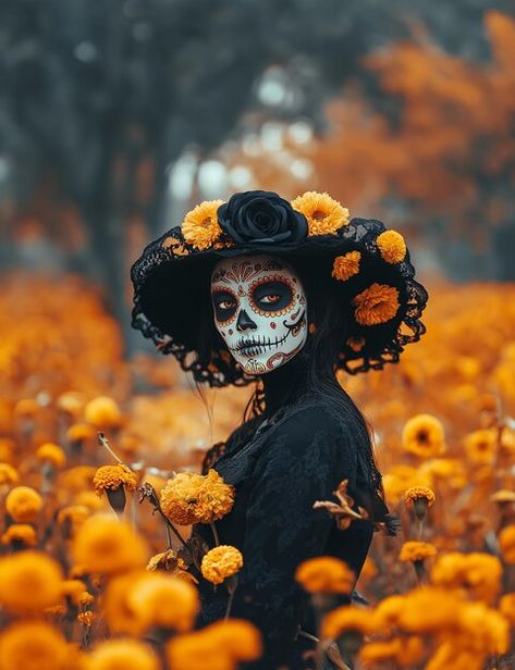 Woman In A Field, Skull And Flowers, A Field Of Flowers, Amazing Halloween Makeup, Sugar Skull Art, Field Of Flowers, Skull Makeup, Free Business Card Mockup, Flower Skull