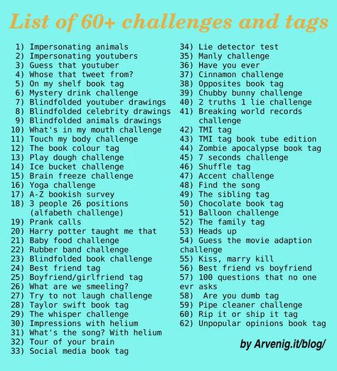 Hi everyone! Today I wrote down many challenges and tags that I found on the internet for some inspiration, maybe for some youtubers or bloggers! Impersonating animals Impersonating youtubers Guess that youtuber Whose that tweet from? On my shelf book tag Mystery drink challenge Blindfolded youtuber drawings Blindfolded celebrity drawings Blindfolded animals drawings What’s in … … Continue reading → Challenges For Youtube, Youtube Handle Name Ideas, Youtube Ideas List, Youtube Challenges Ideas, Vlogging Ideas, Youtube Challenges, Channel Name Ideas, Starting Youtube, Youtube Channel Name Ideas