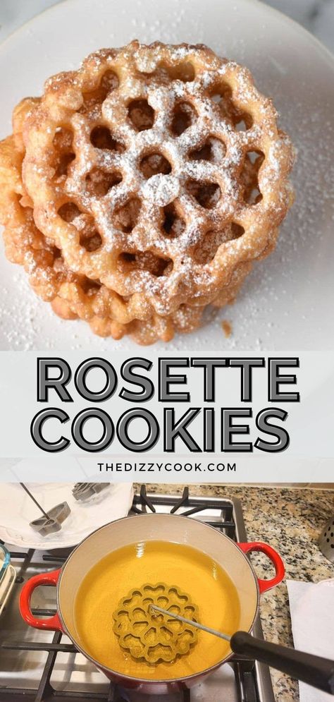 These rosette cookies are unique holiday or Christmas cookies. Made with minimal ingredients, these tips give you success for the perfectly fried cookie. Recipe For Rosettes, Rosette Cookies Irons, Mandolins Cookies, Rosette Iron Batter, Rosette Cookies Recipe How To Make, Rosette Recipe Christmas Cookies, Rosette Batter Recipe, Rosette Cookies Recipe, Gluten Free Rosettes Recipe