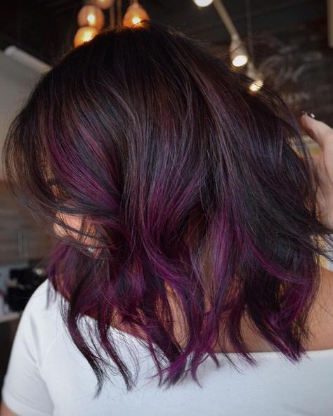 Purple Highlights Brown Hair, Purple Balayage, Brown Hair Shades, Plum Hair, Black Bob, Purple Highlights, Hair Color Purple, Highlights Brown Hair, Burgundy Hair