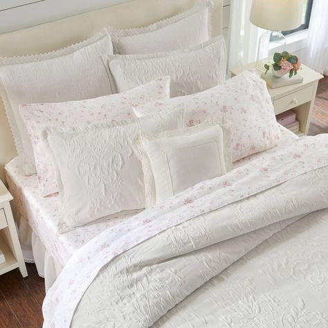 The Laura Ashley Rowland duvet set highlights an elegant and classic textured floral matelassé design. The reverse fabric is smooth white cotton. Standard and king shams have European end cap closures. Made of 70% poly/30% cotton in a raised floral texture, the reverse is 100% cotton. Set contains one duvet cover and two standard or king shams (one sham for twin size). Duvet cover includes corner ties to keep your insert in place. Machine washable for easy care. White Comforter, White Duvet Covers, White Duvet, Comfortable Bedroom, Room Redo, Pink Bedding, Pink Room, Chic Bedroom, Room Makeover Inspiration