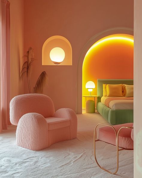 Home Arches Interiors, Interior Design Pink Bedroom, Postmodern Interior Design Bedroom, Palm Springs Room Aesthetic, Home Design 2024, Pastel Color Interior, Bright Color Bedroom Ideas, Colorful Home Aesthetic, Velvet Interior Design