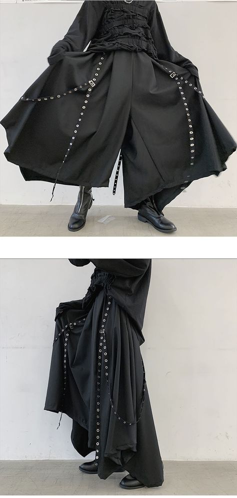 Men Ribbon Dark Black Wide Leg Pants Male Women Japan Streetwear Punk Gothic Harem Trousers Kimono Skirt Pants on AliExpress Wide Leg Goth Pants, Dark Kimono Aesthetic, Japan Streetwear Men, Goth Clothes Men, Kimono Male, Kimono Streetwear, Gothic Fashion Men, Kimono Skirt, Kimono Pants