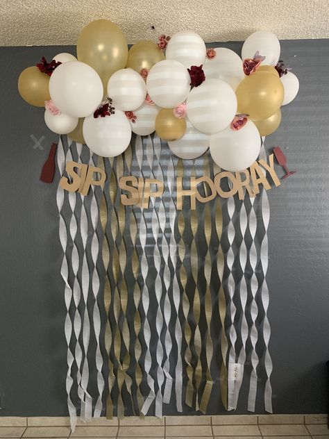 Stream Decorations Ideas, Gold Streamers, Dollar Tree Flowers, First Communion Decorations, Streamer Backdrop, Communion Decorations, Tree Flowers, Party City, Backdrops For Parties