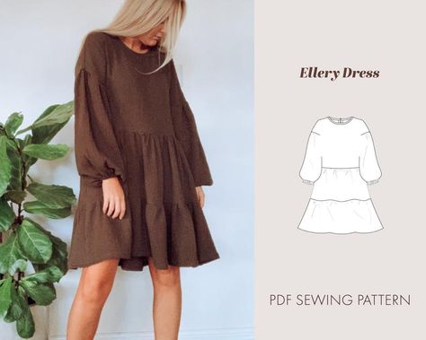 Diy Tiered Dress, Babydoll Dress Pattern, Puff Sleeve Dress Pattern, Shorts Pattern Sewing, Tiered Dress Pattern, Long Sleeve Dress Pattern, Pattern Puff Sleeve, Ellery Dress, Long Skirt Pattern