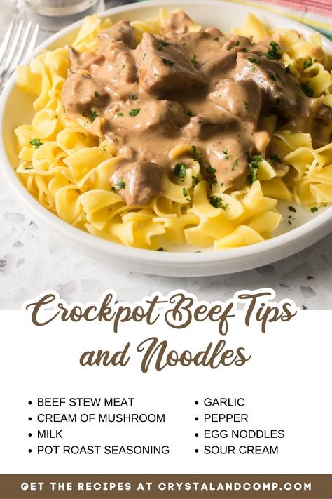 crockpot beef tips and noodles ingredients list Crock Pot Stew Meat Recipes, Beef And Noodles Crockpot, Crockpot Beef Tips, Beef Tips And Noodles, Crock Pot Beef Tips, Easy Baked Pork Chops, Mediterranean Recipes Healthy, Stew Meat Recipes, Easy Mediterranean Diet Recipes