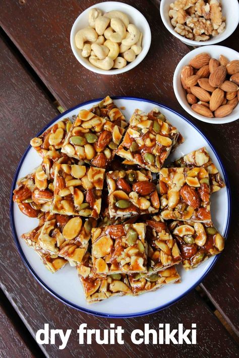 dry fruit chikki recipe | kaju badam chikki | mixed nuts chikki Chikki Recipe, Dried Fruit Recipe, Hebbars Kitchen, Moringa Tea, Hebbar's Kitchen, Dried Fruit Mix, Snacks Ideas, Indian Dessert, Indian Cooking Recipes