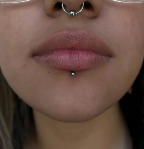 Medusa vs Labret Piercing: Which One’s for You? Middle Lip Ring Stud, Middle Labret Piercing, Labret Jewelry Ideas, Small Labret Piercing, Labret Vs Vertical Labret, Stud Lip Piercing, Septum And Labret, Middle Lip Piercing Ring, Lower Labret Piercing