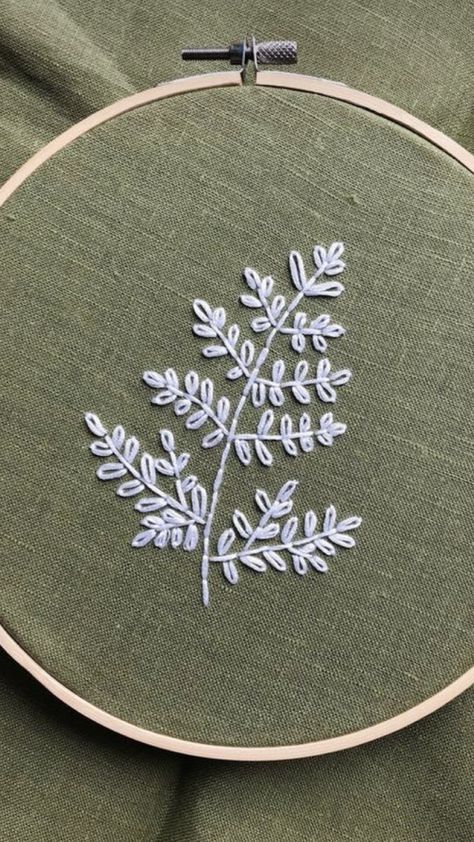 Green Fabric Embroidery, Fern Embroidery Pattern, Embroidery On Green Fabric, Embroidered Greenery, Greenery Embroidery, Sage Embroidery, Embroidery Vines, Embroidered Foliage, Embroidered Fern