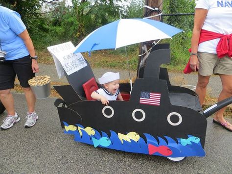 Submarine float, wagon Labor Day Parade! | Decorated wagon ideas | Pi… Kids Parade Floats, Wagon Floats, Wagon Costume, Labor Day Crafts, Wagon Ideas, Bike Parade, Mardi Gras Float, Dog Parade, Parade Ideas