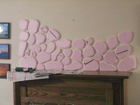 Give your Fireplace an update with this faux stone idea on a budget. Made with Styrofoam, spackling and paint this simple idea makes a big difference to your living room decor. Cheap Fireplace Makeover, Faux Brick Backsplash, Above The Fireplace, Faux Fireplace Mantels, Faux Stone Walls, Brick Accent Walls, Faux Brick Panels, Stone Diy, Stone Accent Walls