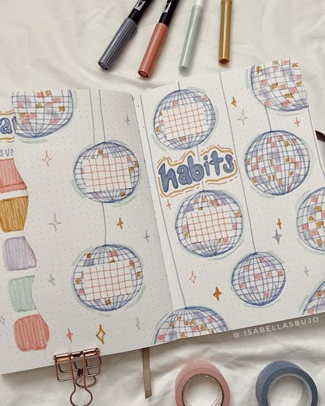 Isabella on Instagram: “i can’t remember the last time i made a habit tracker spread, but @bujowithclaire inspired me to make one again🫣plus there are some habits …” Disco Ball Bujo Theme, May Scrapbook Ideas, Disco Ball Bullet Journal, Preppy Journal Ideas, Bullet Journal Year Cover, 2024 Journal Cover, 2024 Journal Ideas, Journal Front Page Ideas, Preppy Journal