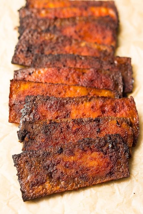 Tofu Bacon, an easy and delicious alternative! Thinly sliced, marinated and baked to crispy, chewy, smoky perfection. #vegan #glutenfree #plantbased Nora Cooks Vegan, Vegan Bacon Recipe, Tofu Bacon, Vegan Corn Chowder, Nora Cooks, Vegan Meat Recipe, Seitan Recipes, Tempeh Bacon, Tofu Recipes Vegan