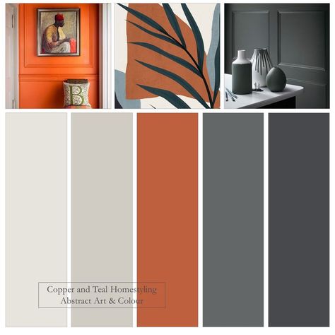 Orange And Charcoal Living Room, Orange Gray Black Color Palette, Orange And Grey Kitchen Ideas, Grey Kitchen Color Palette, Dark Grey And Orange Bedroom, Grey And Orange Colour Palette, Orange And Black Interior, Farrow And Ball Orange, Orange Grey Aesthetic