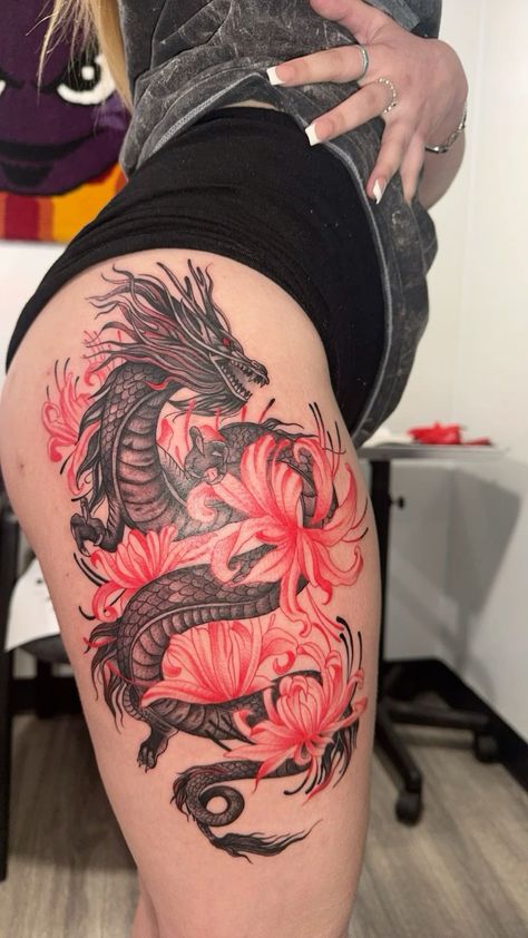 Dragon On Back Tattoo Women, Dragon Lilly Tattoo, Red Dragon Flower Tattoo, Dragon Tattoo For Women Arm Wrap, Tattoo Ideas Chinese Dragon, Aquarius Dragon Tattoo, Dragon With Flowers Tattoo For Women, Dragon On Ribs Tattoo, Forearm Tattoo Women Wrap Around