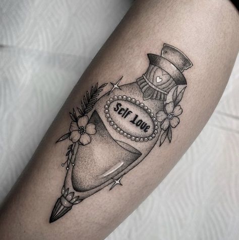 Love Poison Tattoo, Aqua Tofana Bottle Tattoo, Poison Tattoo Bottle, Self Love Potion Tattoo, Jar Tattoo Design, Poison Bottle Tattoo, Aqua Tofana Tattoo, Love Potion Tattoo, Potion Bottles Drawing