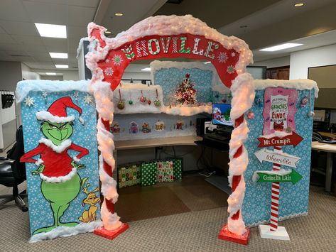 This is my work cubicle. Most of the decorations arw hamdmade by my husband and I. Grinch Decorations For Work, Whoville Decor Ideas, Best Christmas Cubicle Decorations, Office Cube Decorating Ideas Christmas, Christmas Decor Ideas For Work Cubicles, Christmas Decor Nursing Home, Cubical Christmas Theme, Grinch Christmas Desk Decorations, Whoville Christmas Cubicle Decorations