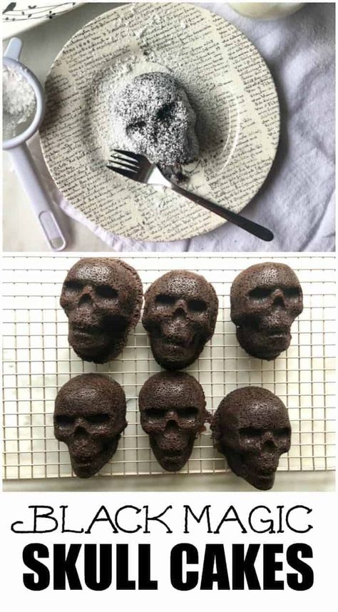 Black Magic Skull Cakes are the perfect Halloween Treat! Made with Nordic Ware's Skull Pan and covered in powdered sugar. Chocolate Skull Cake, Skull Brownies, Skull Dessert, Horror Cakes, Skull Cake Pan, Skull Cakes, Skull Cupcakes, Halloween Deserts, Recipe Folder