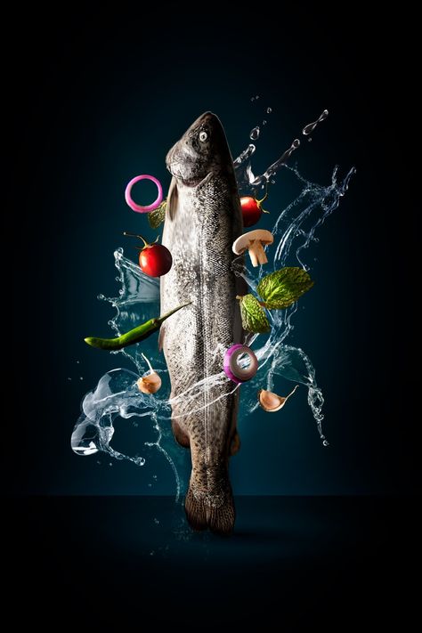 Design by Armin Salehi all rights reserved Fresh Fish Photography, Fish Food Photography, Fish Background, Vegetables Photography, Trout Recipes, Splash Photography, Restaurant Photography, Lemon Slices, Marketing Photos