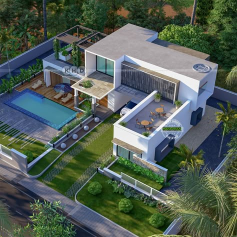 Cool Home Design - Flat Roof House Modern House With Pool And Garden, Big House With Pool And Garden, House With Swimming Pool Dream Homes, Big House Design Modern, Modern Pool Design Luxury Homes, Big House Layout, Modern Flat Roof House Design, House With Big Garden, Patio Ideas Gazebo