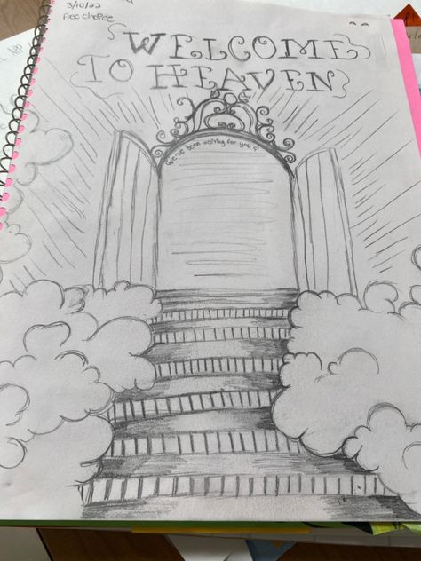 Drawings Of Heaven, Self Identity Art Projects, Drawing Of Heaven, Door To Heaven Drawing, Religion Drawing, Heaven Doodle, Christian Sketches Aesthetic, Christianity Drawing, Heaven Drawing Easy