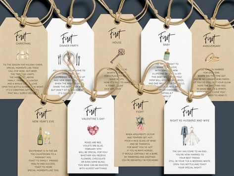 Wine Basket Ideas, Marriage Milestone Wine Tags, Milestone Wine Basket, Diy Bridal Shower Gifts, Milestone Wine, Wine Label Printable, Wine Basket, Wine Bottle Tags, Drink Tags