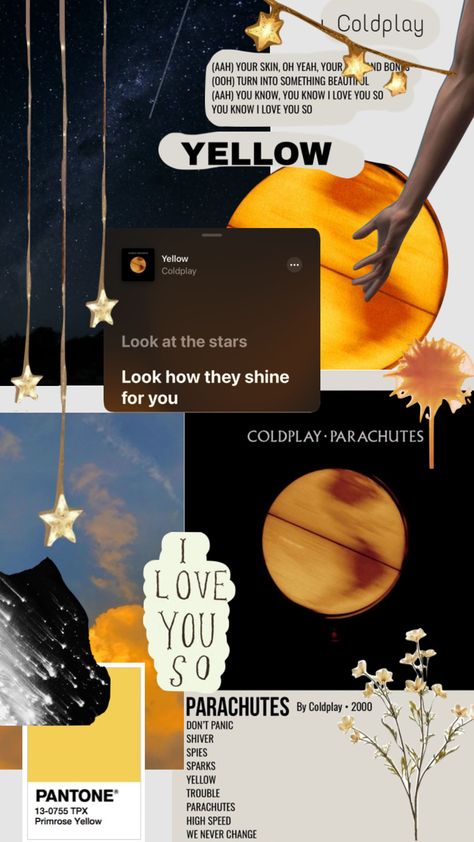 Yellow Song Wallpaper, Yellow Song Coldplay, Yellow Coldplay Wallpaper, Coldplay Moodboard, Yellow Coldplay Aesthetic, Yellow Coldplay Tattoo, Coldplay Wallpaper Aesthetic, Coldplay Parachutes, Song Collage