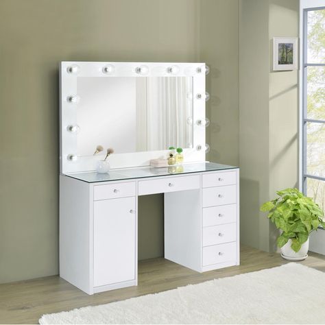 Amargosa 7-Drawer Makeup Vanity Table with LED Hollywood Mirror Lighting Hollywood Mirror With Lights, Glass Top Vanity, White Coasters, Tempered Glass Table Top, Makeup Table Vanity, Make Up Desk Vanity, White Vanity, Cabinet Space, Vanity Desk