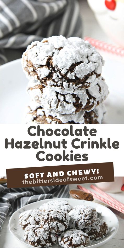 Chocolate Hazelnut Crinkle Cookies are impossible to resist. They're made with the sweet addition of creamy hazelnut spread! | The Bitter Side of Sweet Hazelnut Christmas Cookies, Hazelnut Dessert Recipes, Hazelnut Cookies Recipes, Pb Cake, Hazelnut Dessert, Chocolate Hazelnut Cookies, Cookie Platters, Hazelnut Recipes, Cookie Corner