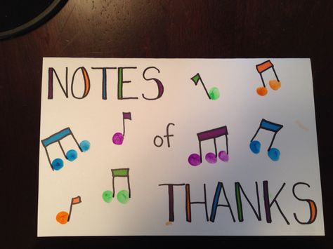 Music teacher thank you card! Fingerprint music notes Fingerprint Music Notes, Music Teacher Gifts From Kids, Thank You Card For Music Teacher, Music Thank You Cards, Music Teacher Gifts Diy, Music Teacher Appreciation Gifts, Teacher Thank You Notes, Music Card, Thank You Cards From Kids