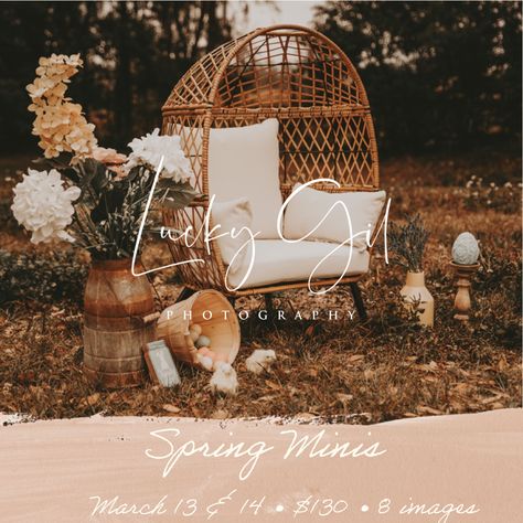 Spring Mini Sessions Outdoor, Simple Spring Mini Session Ideas, Egg Chair Mini Session, Spring Backdrop Photography, Egg Chair Photoshoot Outside, Simple Easter Mini Session, Spring Set Up Photography, Spring Easter Photoshoot Ideas, Outdoor Mini Photo Session Ideas