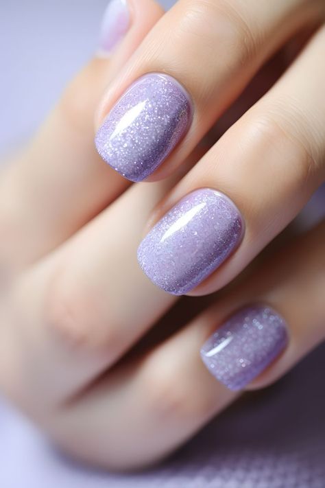 Pastel Violet Nails, Nail Colors Purple, Glittery Nail Ideas, Shimmering Nails, Nail Aesthetics, Nail Vibes, Pastel Violet, Violet Nails, Nail Glam